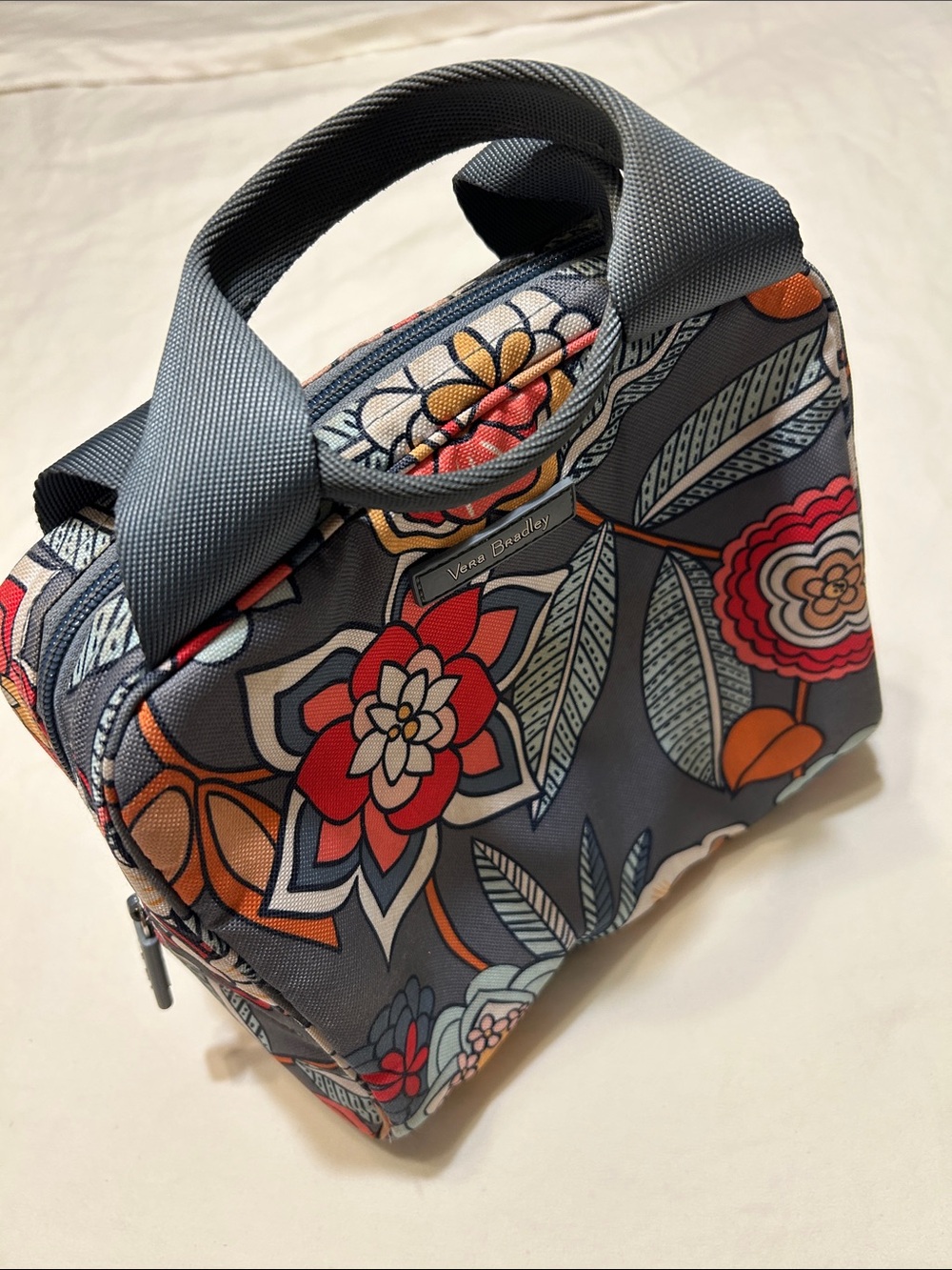 Vera Bradley Gray Floral Cosmetic Case with Red and Orange Accents